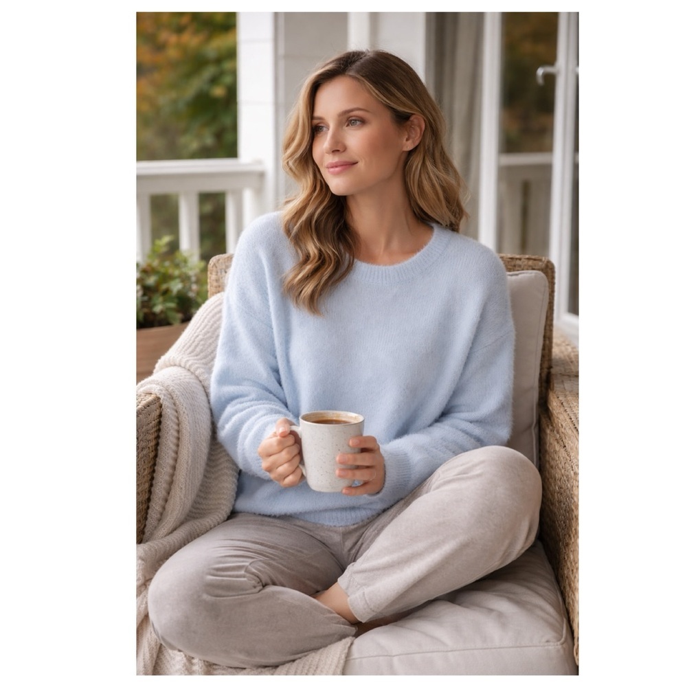 BLEU GRAY Soft Eyelash Knit Pull Over Crew Hi Low Sweater Icy Blue Sz XL Cozy
